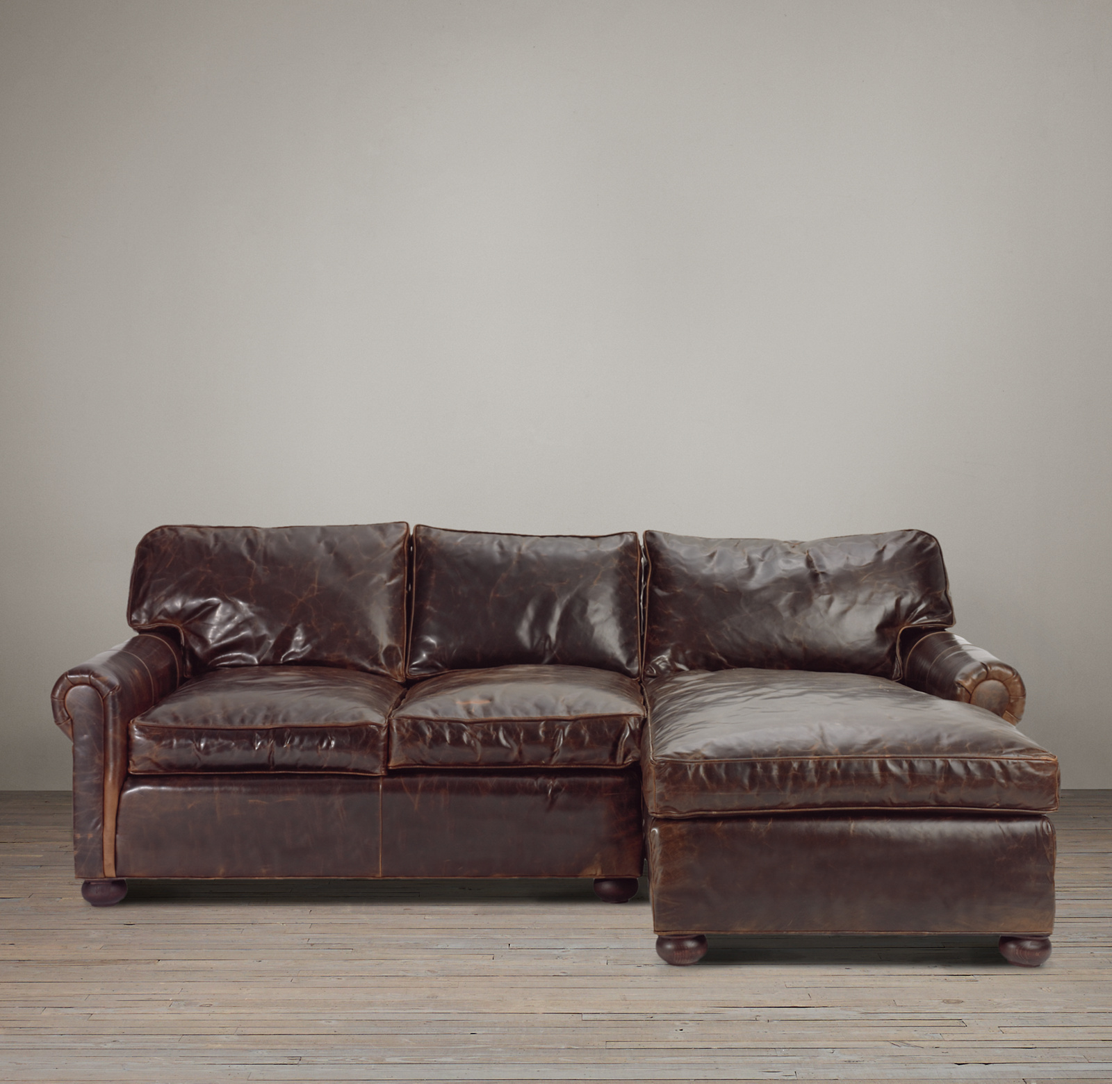 Shown in Italian Brompton Cocoa; sectional consists of 1 right-arm chaise and 1 left-arm sofa.