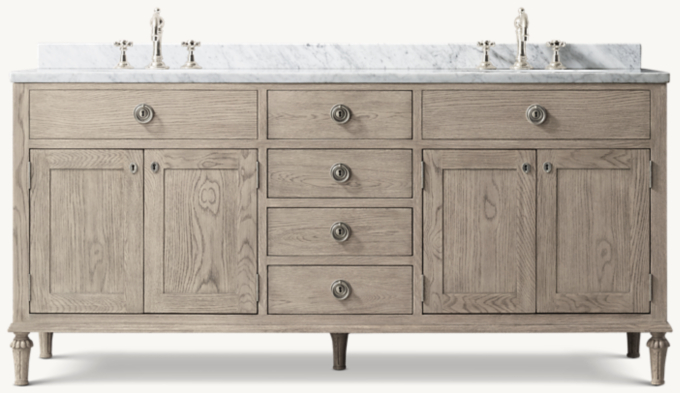 Shown in Antiqued Grey Oak with Italian Carrara Marble countertop. Featured with Vintage Cross-Handle 8&#34; Widespread Faucet.
