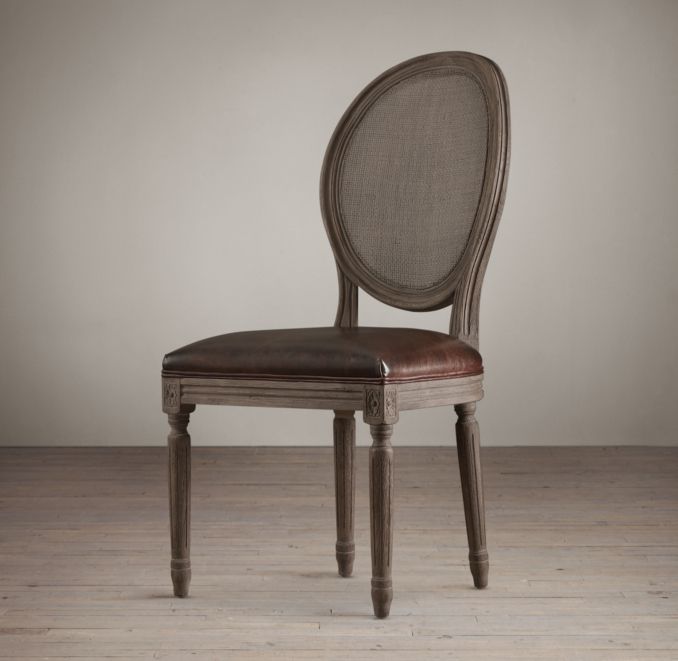 Vintage French Cane Back Round Leather Side Chair 