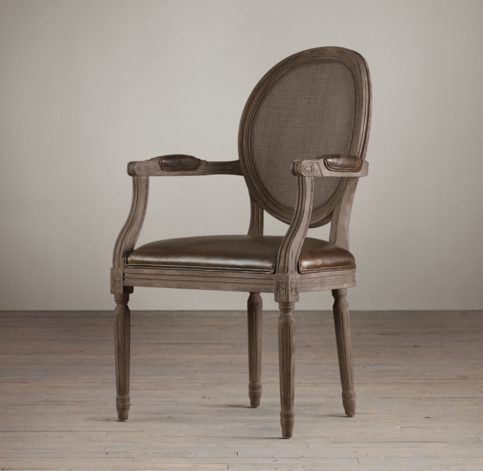 Vintage French Cane Back Round Leather Armchair 