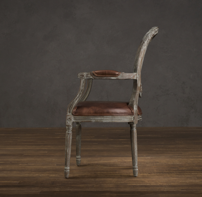 Vintage French Cane Back Round Leather Armchair 