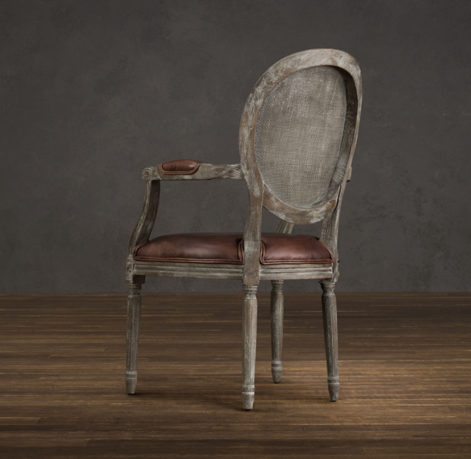 Vintage French Cane Back Round Leather Armchair 