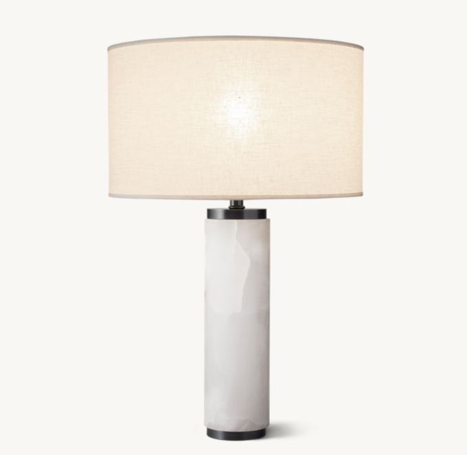 Shown in Bronze with French Drum Linen Shade, size F, in White Linen and Frosted lining (sold separately).