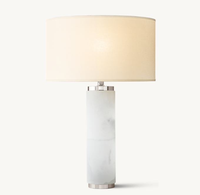 Shown in Polished Nickel with French Drum Linen Shade, size F, in White Linen and Frosted lining (sold separately)