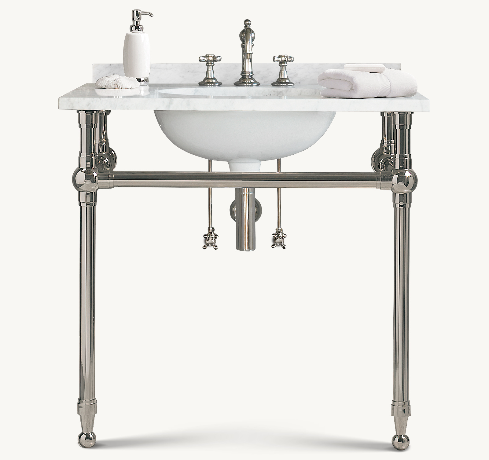 Shown in Polished Nickel with Italian Carrara Marble countertop. Featured with Vintage Cross-Handle 8" Widespread Faucet.