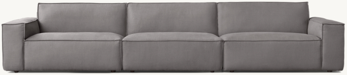 Shown in Fog Belgian Linen; sectional consists of 1 left-arm chair, 1 armless chair and 1 right-arm chair.