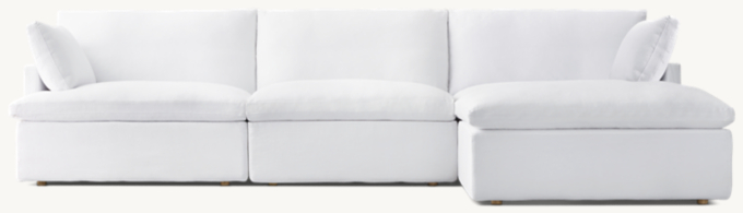 Shown in White Washed Belgian Flax Linen; sectional consists of 1 left-arm chair, 1 armless chair, 1 right-arm chair and 1 end-of-sectional ottoman. Cushion configuration may vary by component.
