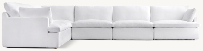 Shown in White Washed Belgian Flax Linen; sectional consists of 1 left-arm chair, 1 corner chair, 1 right-arm chair and 3 armless chairs. Cushion configuration may vary by component.