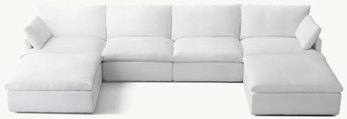 Shown in White Washed Belgian Flax Linen; sectional consists of 1 left-arm chair, 2 armless chairs, 1 right-arm chair and 2 end-of-sectional ottomans. Cushion configuration may vary by component.