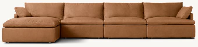 Shown in Cavalo Chestnut; sectional consists of 1 left-arm chair, 2 armless chairs, 1 right-arm chair and 1 end-of-sectional ottoman. Cushion configuration may vary by component.