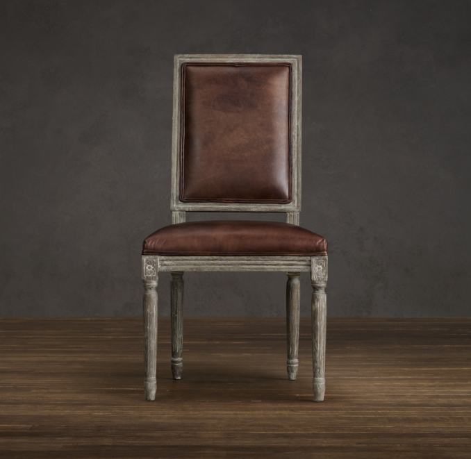 Vintage French Square Leather Side Chair 