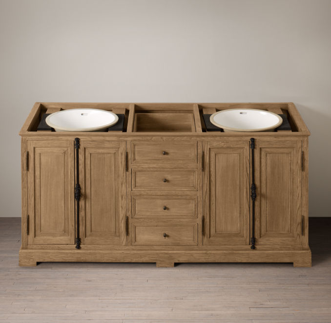 French Casement Oak Double Vanity Sink Base