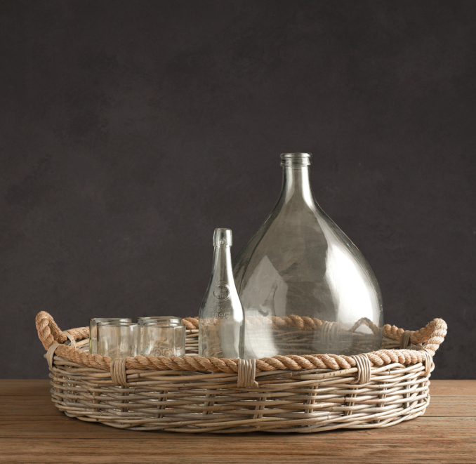 Round Handwoven Wicker and Rope Tray