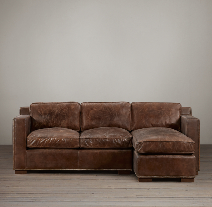 Collins Leather Right-Arm Sofa Chaise Sectional With Nailheads