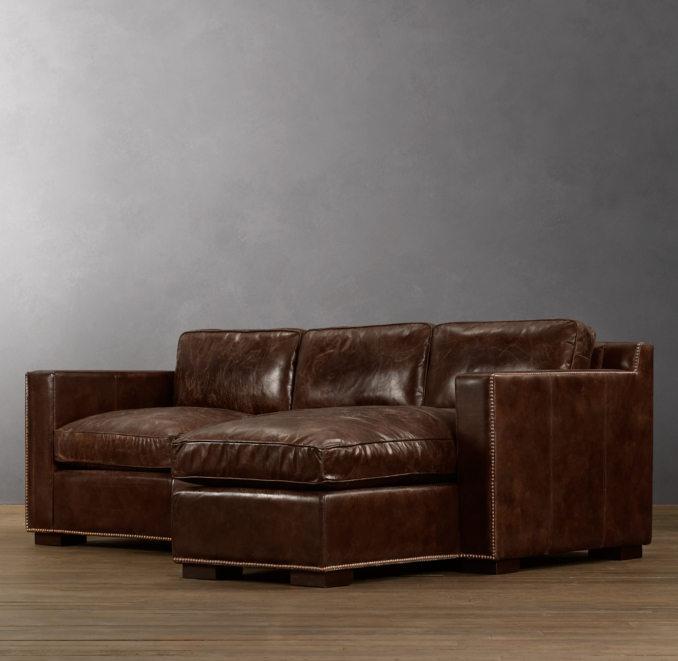 Collins Leather Right-Arm Sofa Chaise Sectional With Nailheads