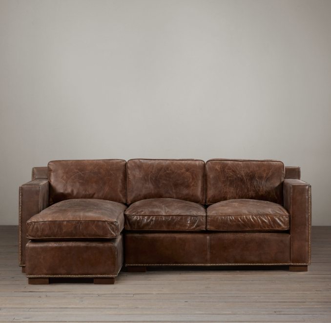 Collins Leather Left Arm Sofa Chaise Sectional With Nailheads