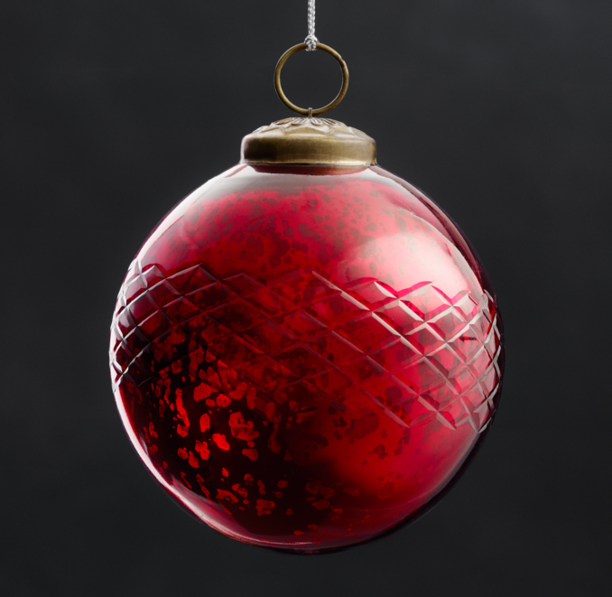 Vintage Hand-Blown Glass Ornament Etched Ball - Red