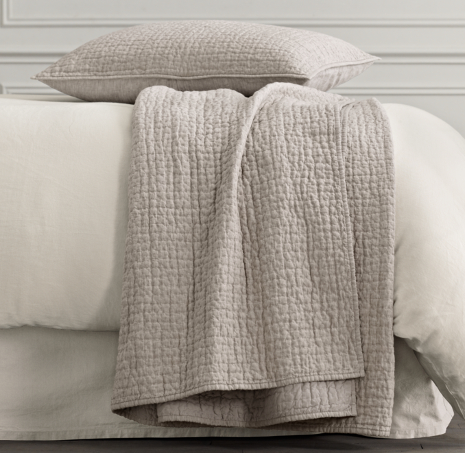 Vintage-Washed Hand-Quilted Belgian Linen Coverlet & Sham