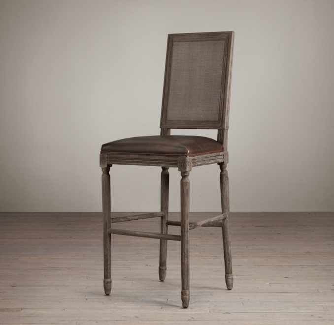 Vintage French Cane Back Square Leather Barstool