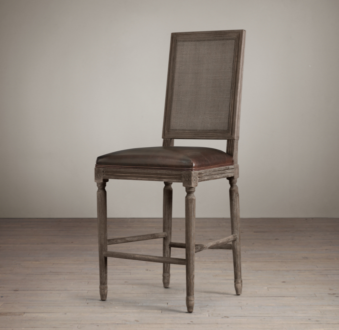 Vintage French Cane Back Square Leather Counter Stool