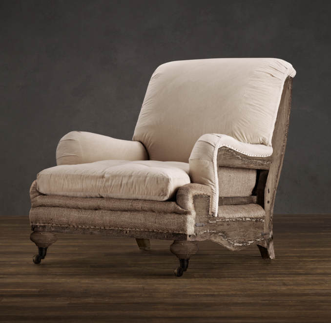 Deconstructed English Roll Arm Chair Antiqued Cotton