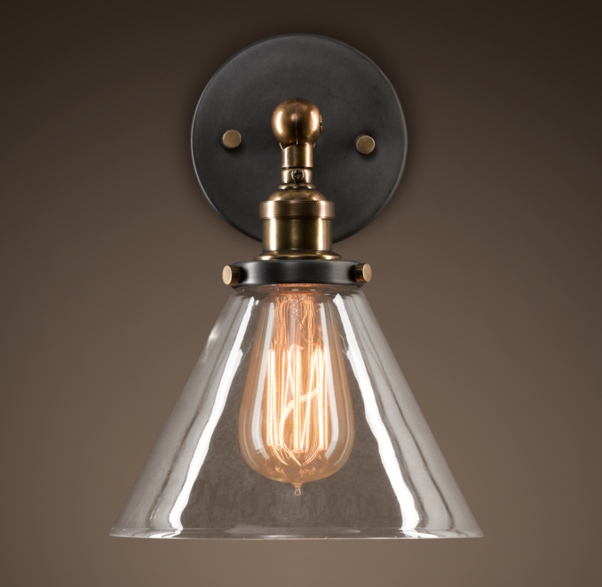 Glass Funnel Filament Sconce Aged Steel