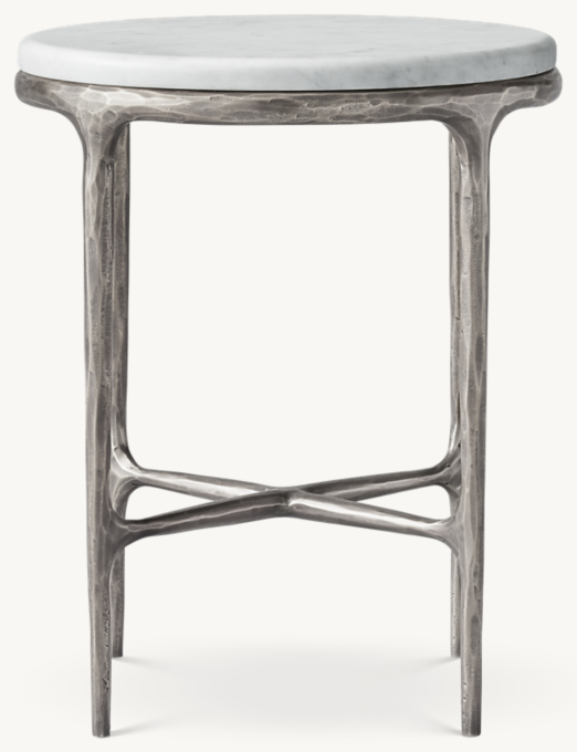 18&#34; side table shown in Sandblasted Italian Carrara Marble/Forged Pewter.