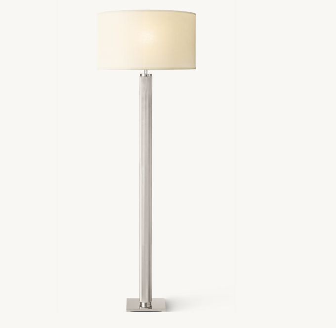 Shown in Polished Nickel with French Drum Linen Shade, size I, in White Linen and Frosted lining (sold separately).