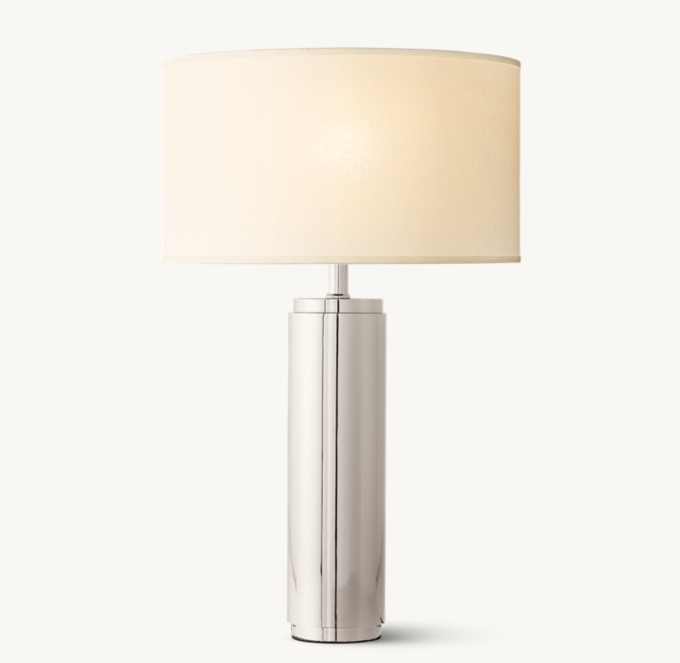 Shown in Polished Nickel with French Drum Linen Shade, size E, in White Linen and Frosted lining (sold separately).
