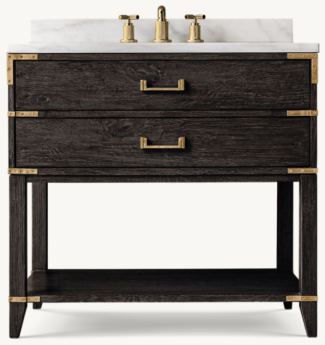 Shown in Waxed Black Oak/Brass with Italian Calacatta Marble countertop. Featured with Lambeth Knurled Cross-Handle Low-Profile Widespread Faucet.