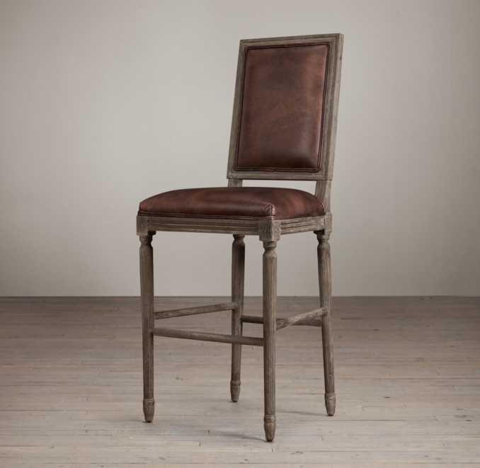 Vintage French Square Leather Barstool 