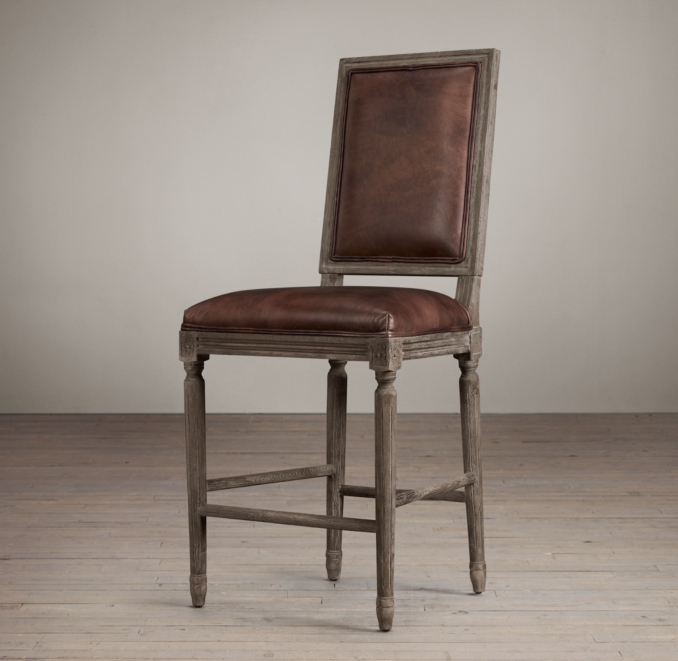 Vintage French Square Leather Counter Stool