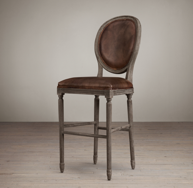 Vintage French Round Leather Barstool 
