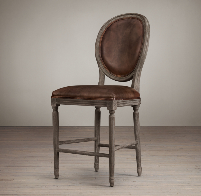 Vintage French Round Leather Counter Stool 