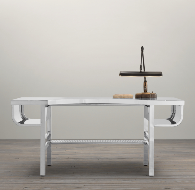 74" French Factory Metal Desk Polished Chrome