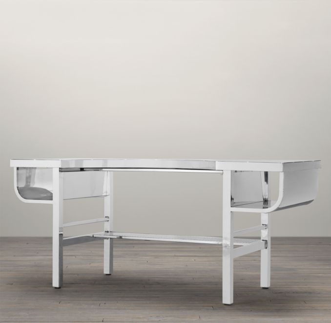 74" French Factory Metal Desk Polished Chrome