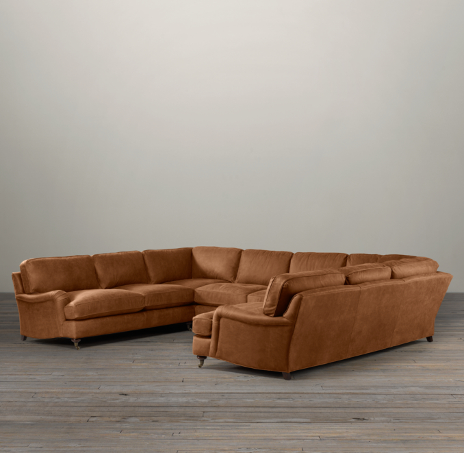 English Roll Arm Leather U-Sofa Sectional