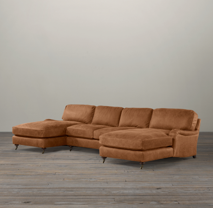 English Roll Arm Leather U-Chaise Sectional