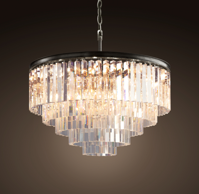 1920s Odeon Glass Fringe 5-Ring Chandelier Iron