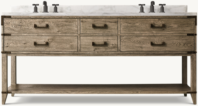 Shown in Waxed Grey Oak/Bronze with Italian Calacatta Marble countertop. Featured with Lambeth Knurled Cross-Handle Low-Profile Widespread Faucet.