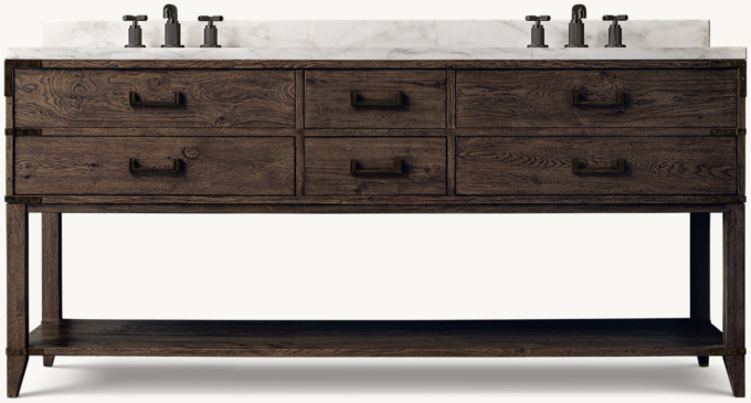 Shown in Waxed Brown Oak/Bronze with Italian Calacatta Marble countertop. Featured with Lambeth Knurled Cross-Handle Low-Profile Widespread Faucet.