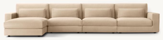 Shown in Sand Performance Velvet; sectional consists of 1 left-arm chair, 1 end-of-sectional ottoman, 2 armless chairs and 1 right-arm chair. Cushion configuration varies by component.