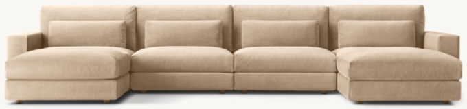 Shown in Sand Performance Velvet; sectional consists of 1 left-arm chair, 2 armless chairs, 1 right-arm chair and 2 end-of-sectional ottomans. Cushion configuration varies by component.