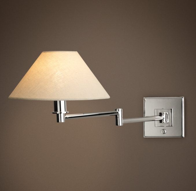 Petite Candlestick Swing-Arm Sconce Polished Nickel with Linen Shade