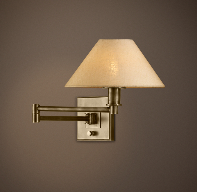 Petite Candlestick Swing-Arm Sconce Vintage Brass with Linen Shade