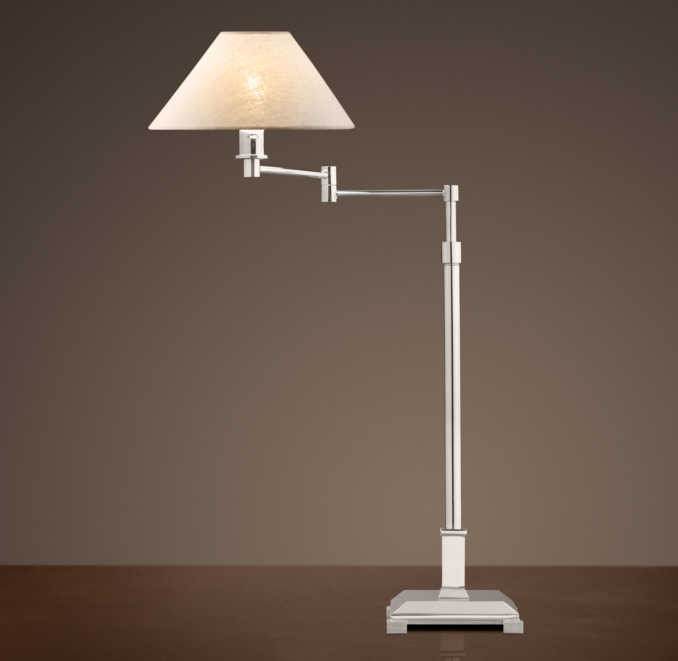 Petite Candlestick Swing-Arm Table Lamp Polished Nickel with Linen Shade