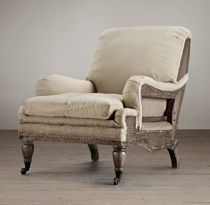 Deconstructed English Roll Arm Chair Antiqued Linen