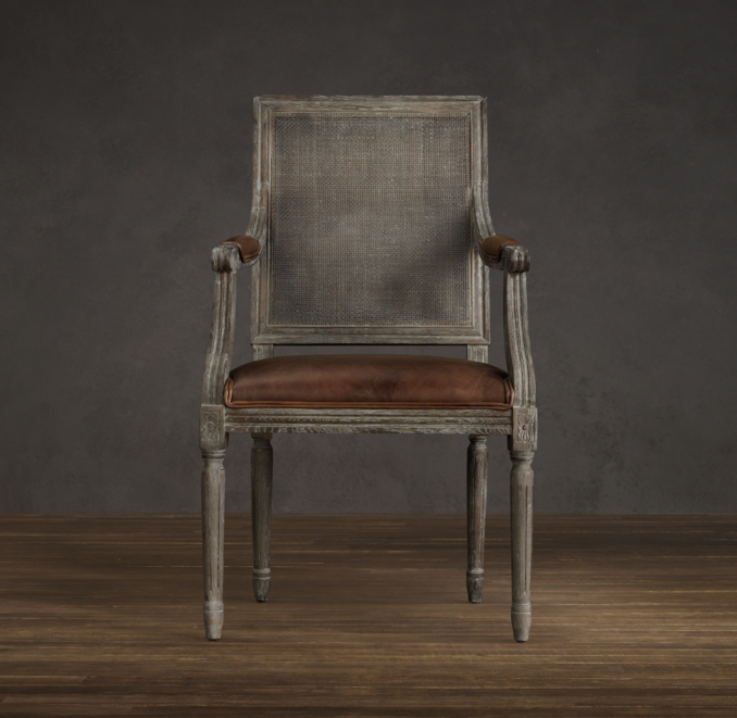 Vintage French Cane Back Square Leather Armchair 