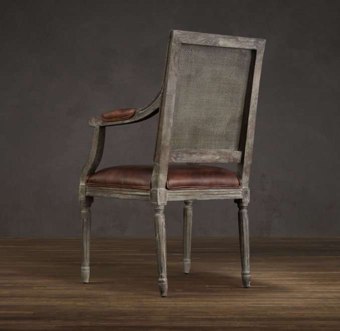 Vintage French Cane Back Square Leather Armchair 