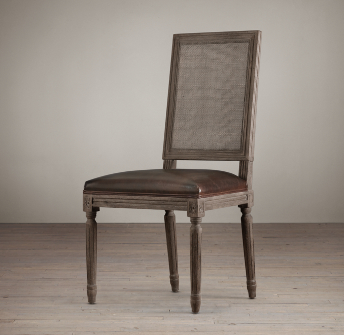 Vintage French Cane Back Square Leather Side Chair 